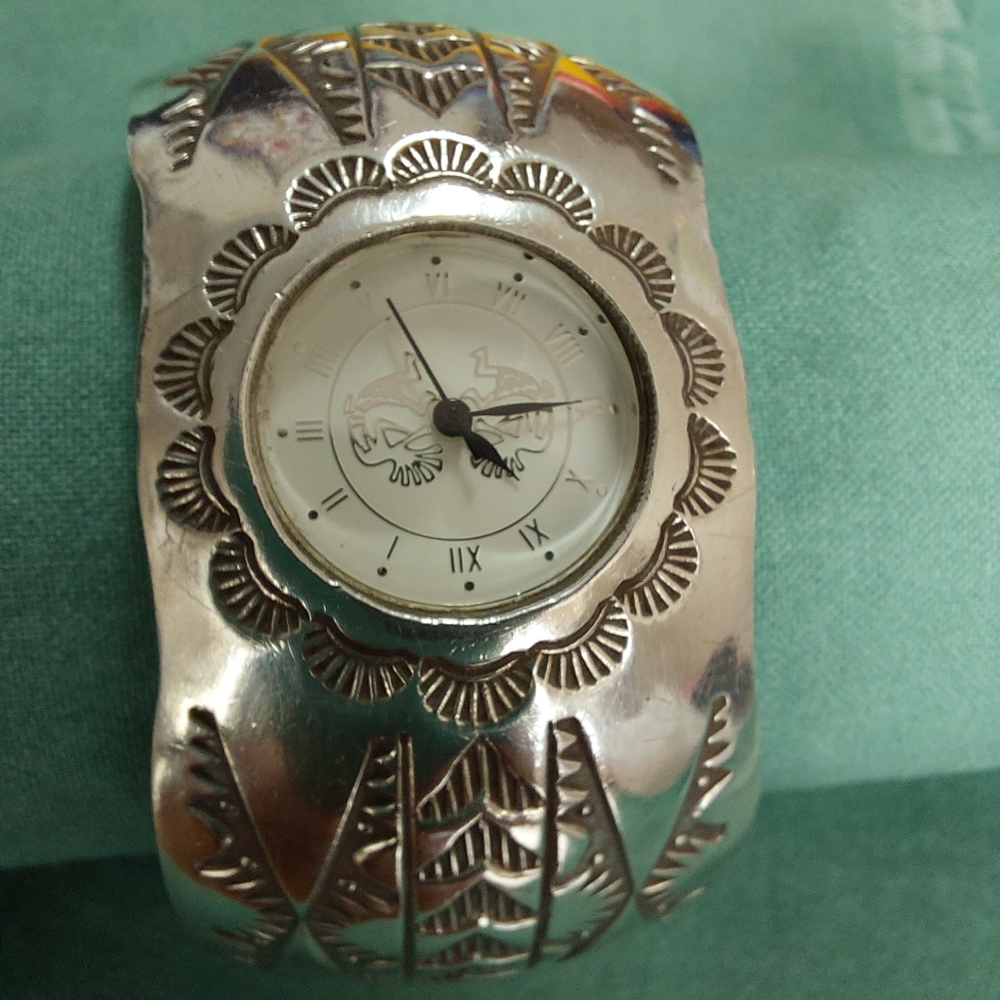 Watch.  Sterling silver cuff Navajo watch.